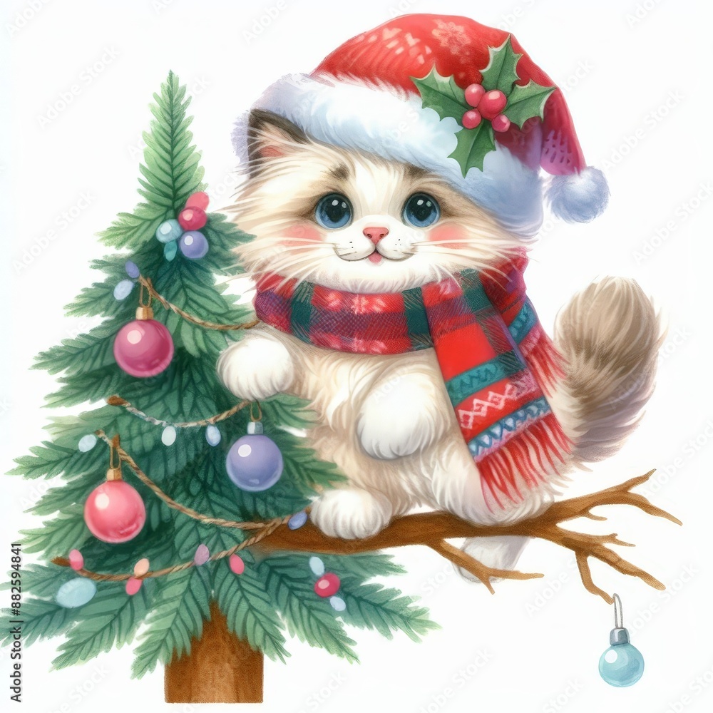 A cute cat wearing a Santa hat and scarf sits on a Christmas tree branch. A cute cat wearing a Santa hat and scarf sits on a Christmas tree branch.
