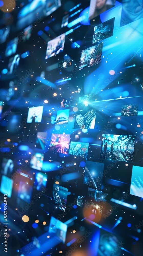 A dynamic visual of multiple blue holographic images floating in the air, representing different video content on social media platforms
