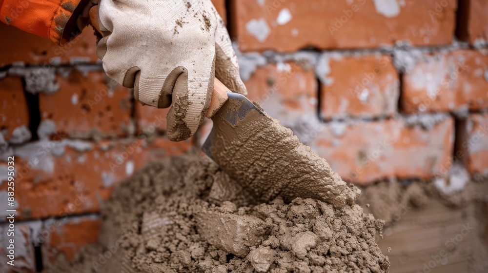 Fototapeta premium Construction worker applying mortar to bricks with a trowel, building a new wall from the ground up, showcasing the foundational steps of construction