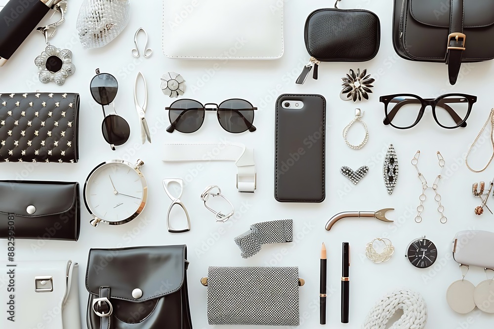 Flatlay of Black and White Accessories on White Background - Illustration Flatlay of Black and White Accessories on White Background - Illustration