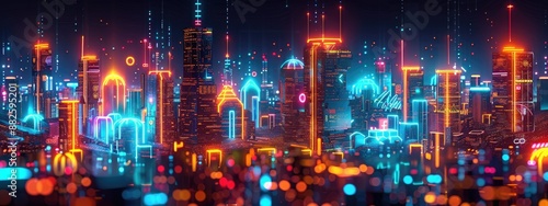 Futuristic neon-lit cityscape at night showcasing vibrant modern architecture and colorful digital lights