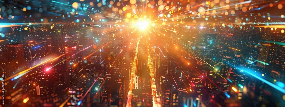 Obraz premium Vibrant City Skyline at Sunset with Dynamic Light Trails and Bokeh Effects
