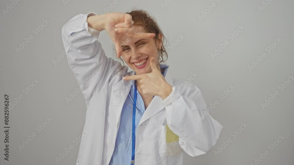 Creativity in focus, happy young caucasian woman in doctor's coat making photo frame sign with hands. white background isolated Creativity in focus, happy young caucasian woman in doctor's coat making photo frame sign with hands. white background isolated