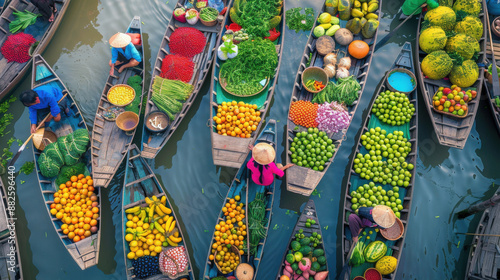 A vibrant floating market in the Mekong Delta, with boats loaded with fruits, vegetables, and other goods