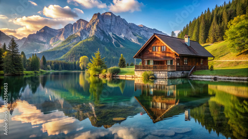 Serene old wooden alpine house stands alone beside a tranquil lake, surrounded by lush greenery and majestic mountains in a picturesque rural setting.