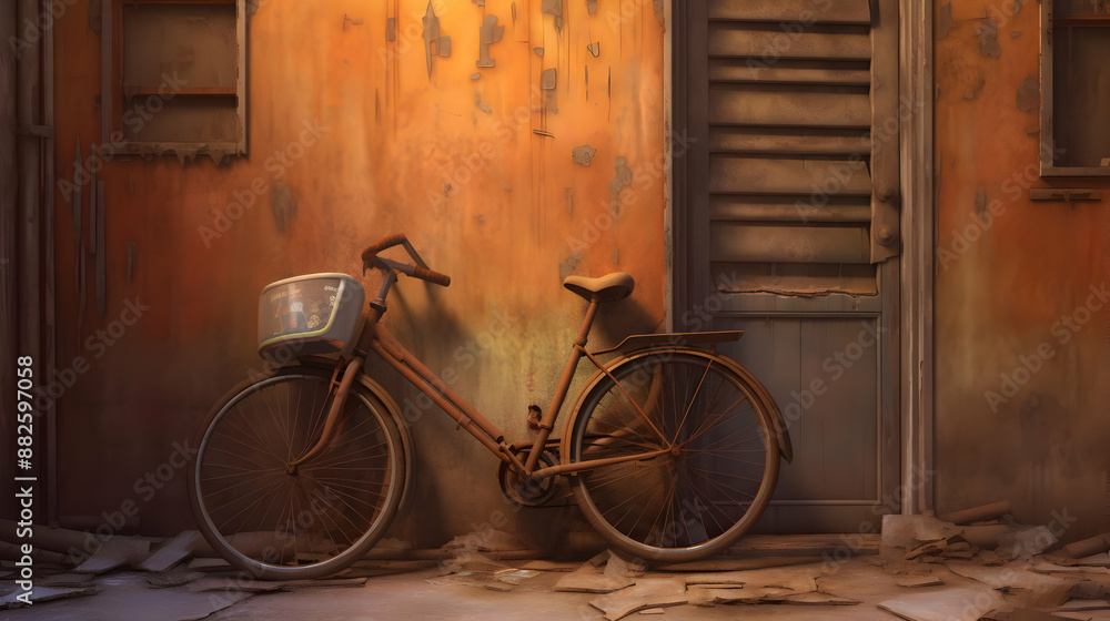 Rusty Bicycle Leaning Against Old Building 3D Illustration Rusty Bicycle Leaning Against Old Building 3D Illustration