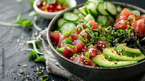 Overhead shot of a vibrant poke bowl with fresh tuna, avocado, and seaweed salad, served in a minimalist bowl, captured in natural light to highlight the freshness and colors