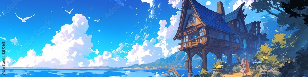Fototapeta premium Abstract Healing Anime Wallpaper Featuring a Summer Blue Fantasy Seaside Cottage. Anime Style with Blue Background and White Clouds, Symbolizing Purity and Elegance. AI-Generated High-Quality Visual P