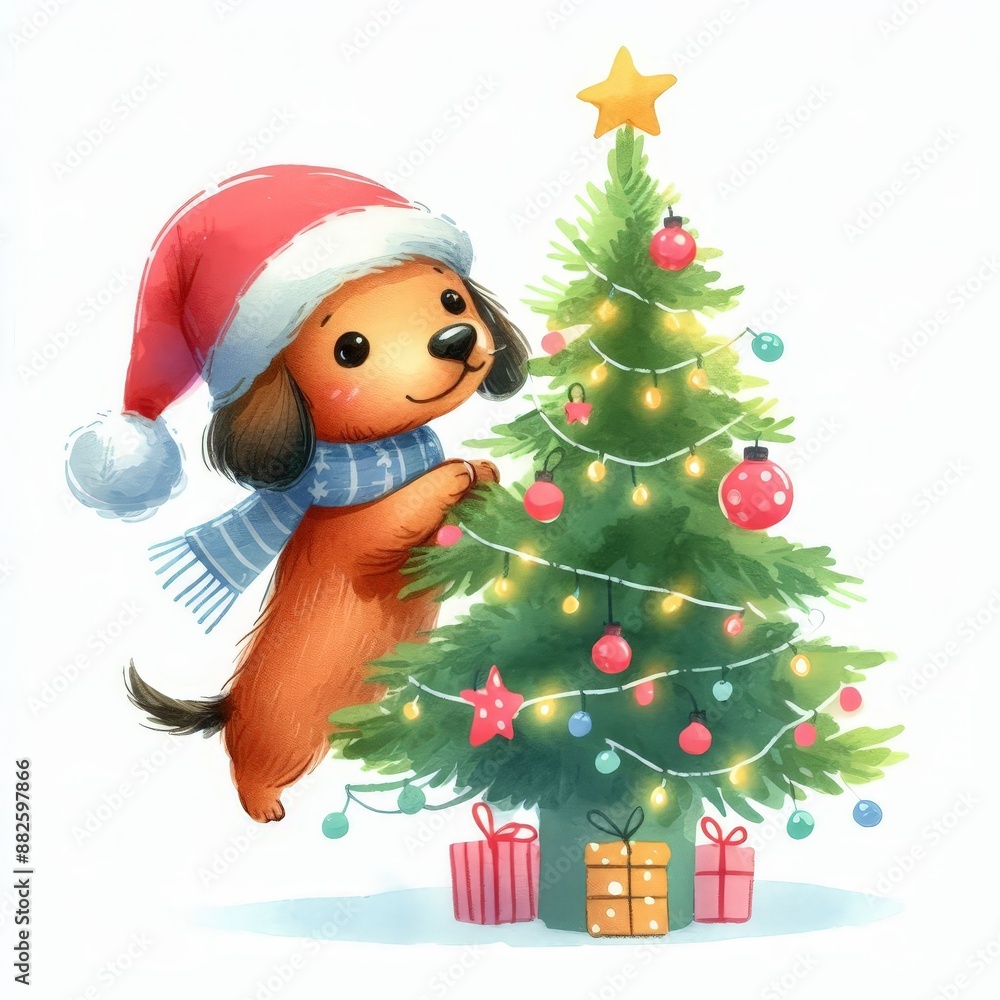 A cute dog in a Santa hat decorating a Christmas tree with presents underneath. A cute dog in a Santa hat decorating a Christmas tree with presents underneath.