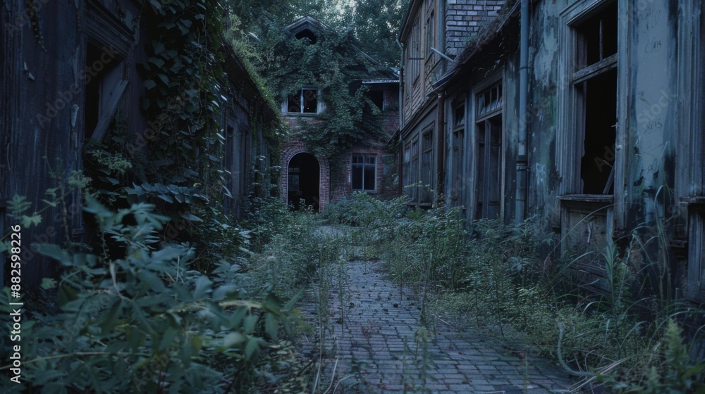 Eerie Dusk in Abandoned Ghost Town: Hauntingly Quiet Street with Dilapidated Buildings and Overgrown Vegetation Eerie Dusk in Abandoned Ghost Town: Hauntingly Quiet Street with Dilapidated Buildings and Overgrown Vegetation
