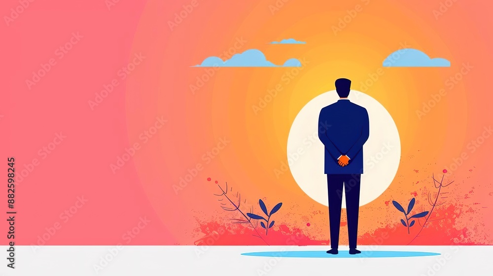 Businessman standing with back to camera, looking at the rising sun, representing new beginnings and success. Businessman standing with back to camera, looking at the rising sun, representing new beginnings and success.