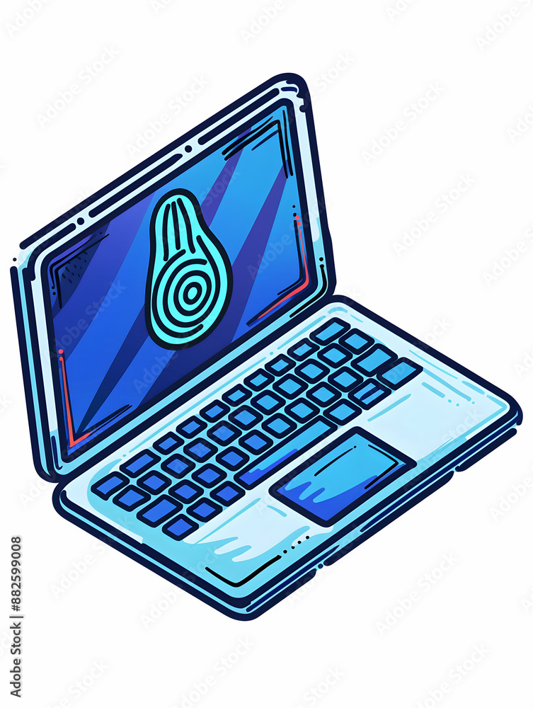 A laptop displaying a fingerprint scan interface for authentication with ample blank space around the device on white background 3D Flat Icon Concept A laptop displaying a fingerprint scan interface for authentication with ample blank space around the device on white background 3D Flat Icon Concept