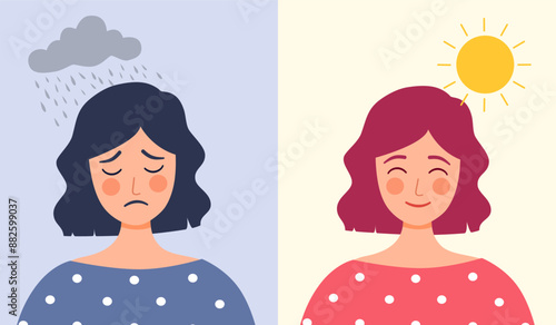 Woman in sad and happy mood in flat design. Positive and negative thinking. Mental health care concept.