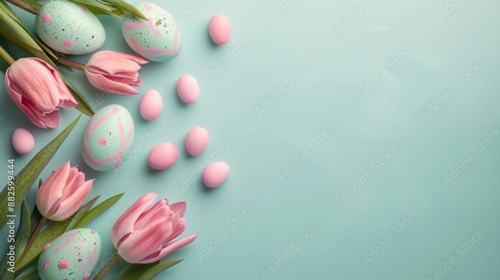 Easter Decorations with Pastel Tulips and Eggs Easter Decorations with Pastel Tulips and Eggs