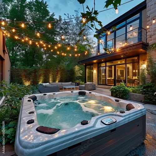 Enchanting Backyard Retreat with Illuminated Spa and Outdoor Lounge © Ghislain