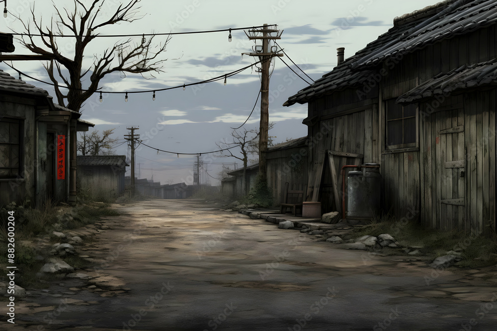 Empty Street in Abandoned Village Illustration Empty Street in Abandoned Village Illustration