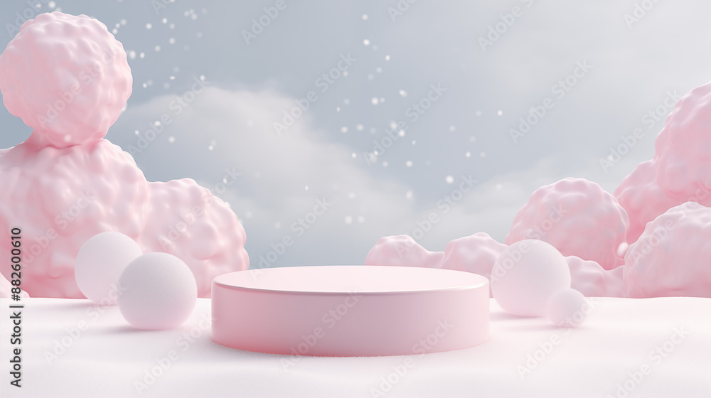 3D scene pink podium and snow theme with pink background 3D scene pink podium and snow theme with pink background