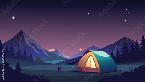 a tent with a burning light inside stands in a clearing under a starry sky. Beautiful starry night sky and the Milky Way. Concept for outdoor tourism in mountain.