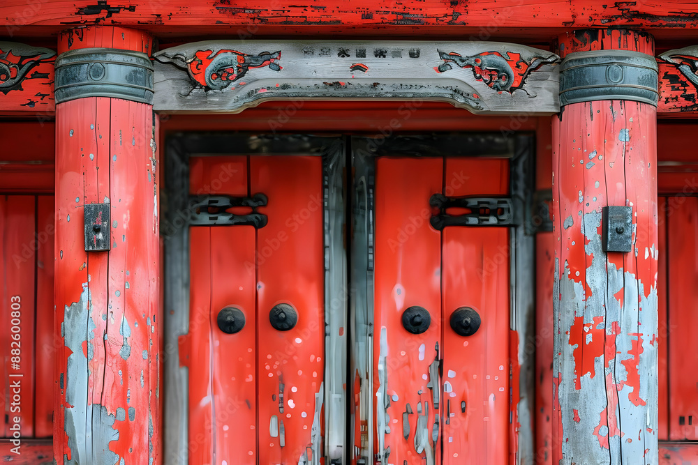 Red Wooden Doorway with Carvings - Photo Red Wooden Doorway with Carvings - Photo