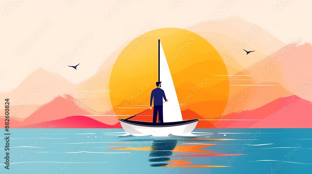 Fototapeta premium Silhouette of a man on a sailboat at sunset, with mountains and a bright sun in the background.