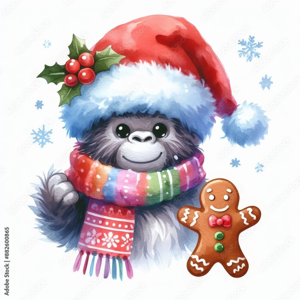 A cute gorilla wearing a Santa hat and scarf, holding a gingerbread man. Perfect for Christmas cards and festive designs. A cute gorilla wearing a Santa hat and scarf, holding a gingerbread man. Perfect for Christmas cards and festive designs.