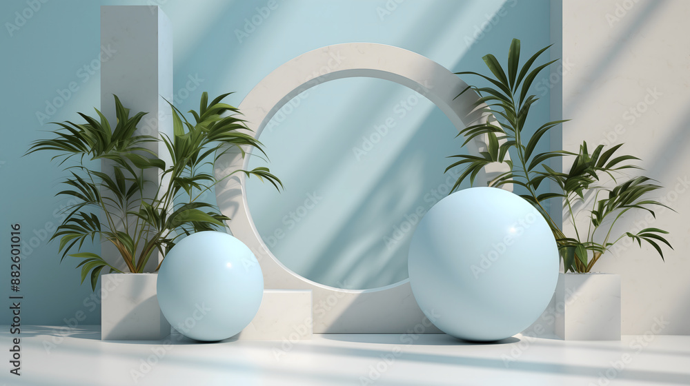 3D scene abstract geometry white podium vase and plant with blue background and sunlight 3D scene abstract geometry white podium vase and plant with blue background and sunlight