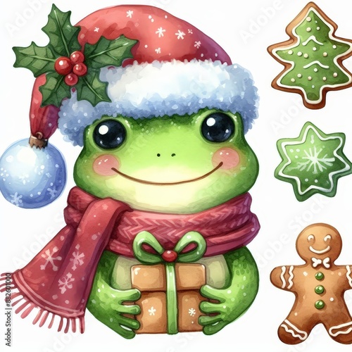 A cute green frog wearing a Santa hat and scarf, holding a gift, with gingerbread cookies in the background.