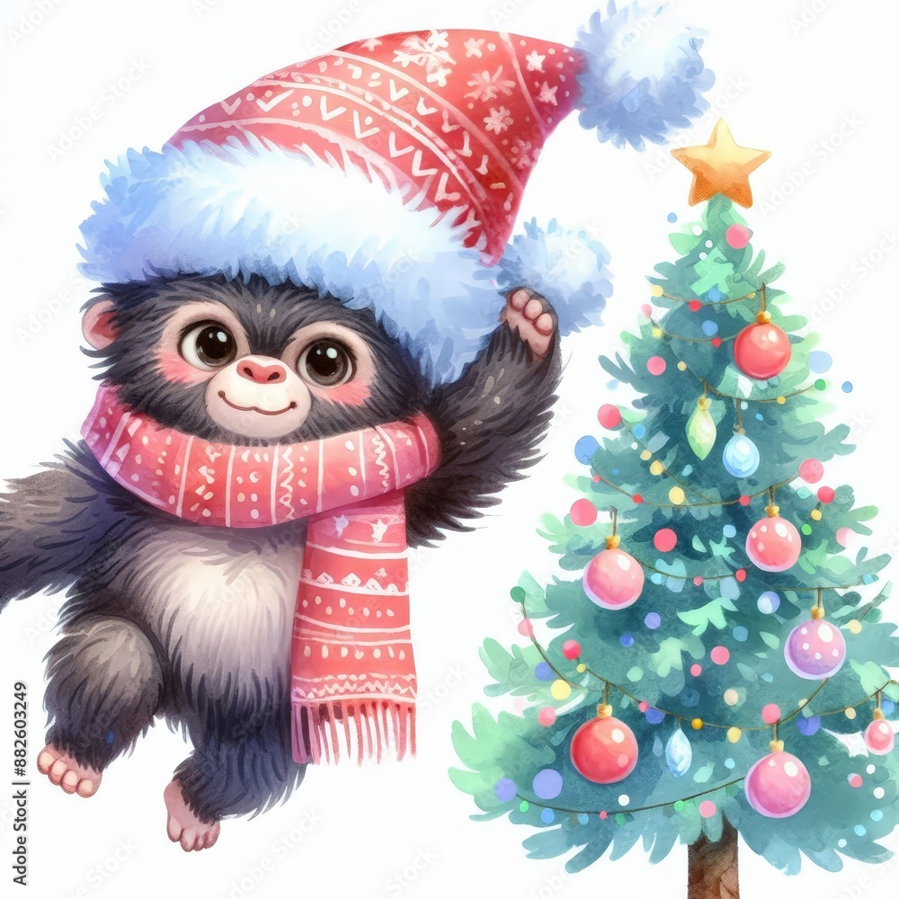 A cute monkey wearing a red knitted hat and scarf reaches for a Christmas tree decorated with ornaments and a star. A cute monkey wearing a red knitted hat and scarf reaches for a Christmas tree decorated with ornaments and a star.