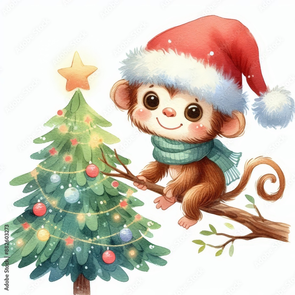 A cute monkey wearing a Santa hat and scarf sits on a Christmas tree branch. A cute monkey wearing a Santa hat and scarf sits on a Christmas tree branch.