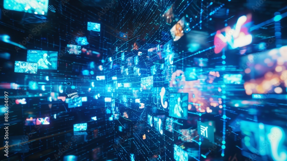 Obraz premium A dynamic visual of multiple blue holographic images floating in the air, representing different video content on social media platforms