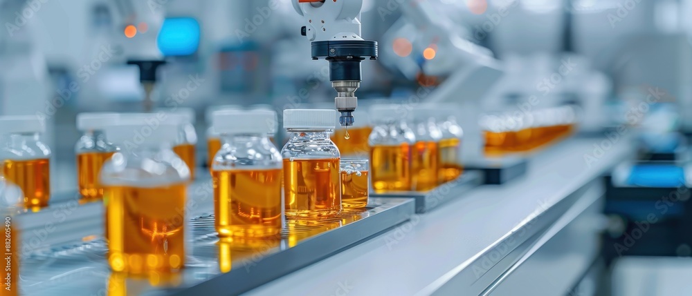 Automated production line in pharmaceutical factory with liquid medication bottles. High-tech robotic machinery working in modern lab. Automated production line in pharmaceutical factory with liquid medication bottles. High-tech robotic machinery working in modern lab.