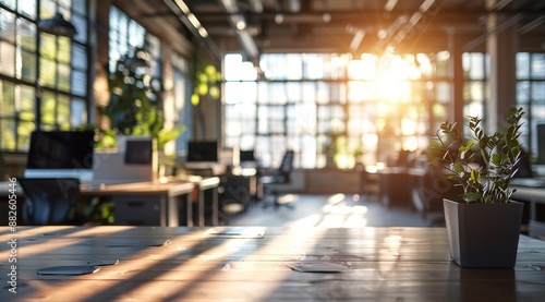 Blurry Background of a Modern Open Office Space with Desks and Chairs, Featuring Sunlight Streaming Through Large Windows. The Foreground Shows a Desk with Computer Screens and a Potted Plant.