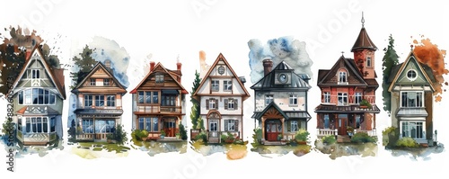 Diverse Watercolor Home Styles - Rustic, Bohemian, Contemporary Illustrations with Unique Features © Rattana