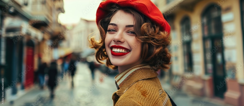 Smiling Woman in Red Beret and Brown Coat Smiling Woman in Red Beret and Brown Coat
