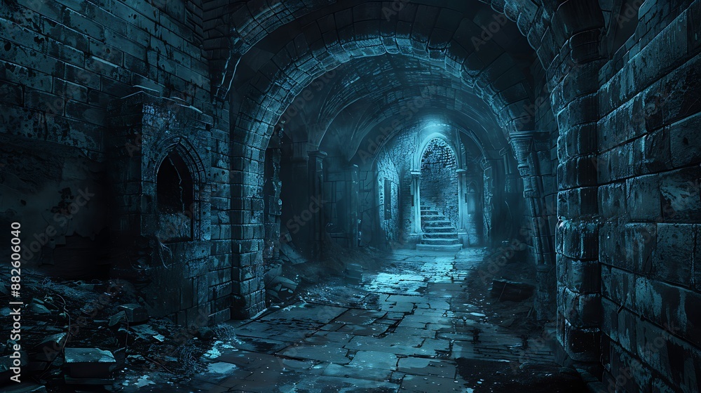 Mysterious bluelit dungeon corridor with stone archways and glowing crystals Mysterious bluelit dungeon corridor with stone archways and glowing crystals