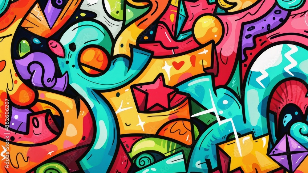 Naklejka premium Vibrant Graffiti Textures in Flat Design - Abstract Front View Wall Art with Triadic Color Scheme Cartoon Drawing Background