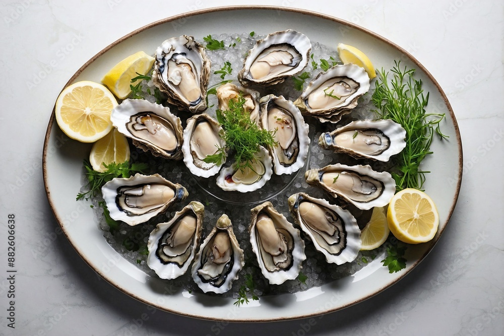 an overhead view of a plate with freshly shucked oysters on the half shell, arranged in a circular pattern with a garnish of lemon wedges and a sprinkle of fresh herbs an overhead view of a plate with freshly shucked oysters on the half shell, arranged in a circular pattern with a garnish of lemon wedges and a sprinkle of fresh herbs