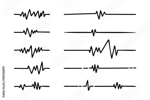 Doodle graphics of heartbeats, sound symbols and earthquakes.