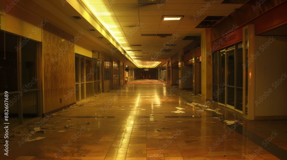 Ghostly Abandoned Shopping Mall with Empty Storefronts and Dimly Lit Corridors Ghostly Abandoned Shopping Mall with Empty Storefronts and Dimly Lit Corridors