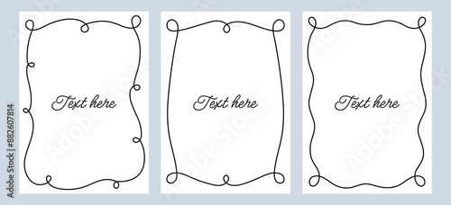 Set black wavy frames template with space for text. Hand drawn curl frames isolated on background. Vertical border frame cards.