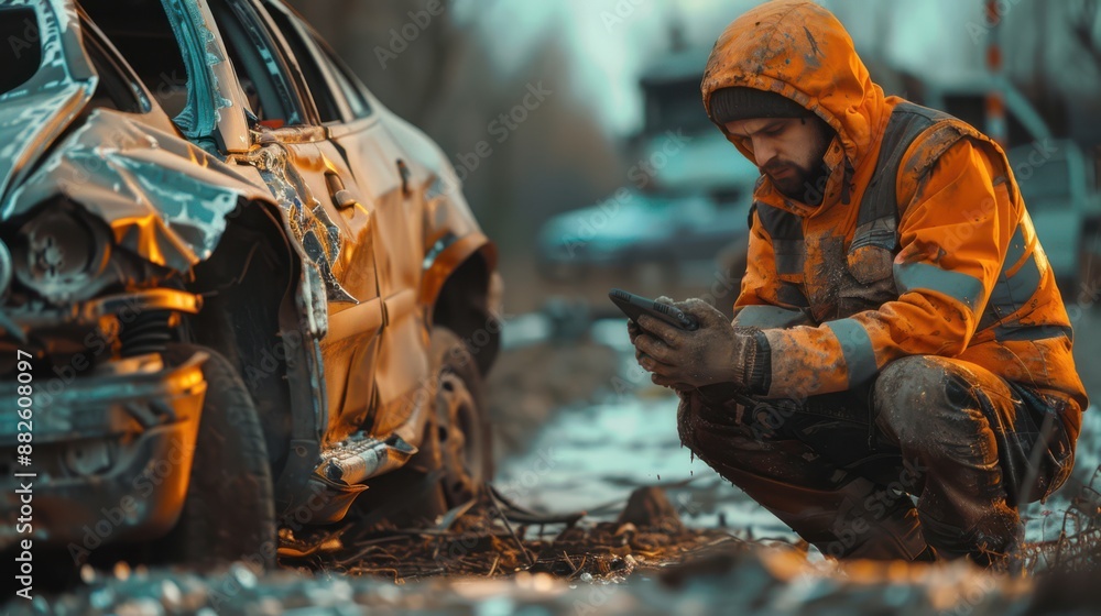 He is looking at his phone while he works on the car