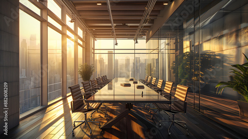 Modern office interior with sleek design and glass walls, showcasing a spacious, empty corridor and contemporary furniture in a business setting photo