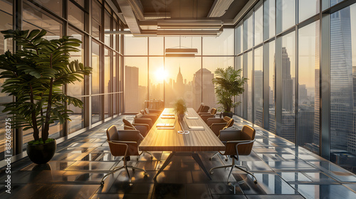 Modern office interior with sleek design and glass walls, showcasing a spacious, empty corridor and contemporary furniture in a business setting photo