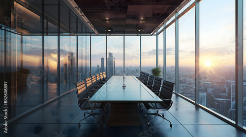 Modern office interior with sleek design and glass walls, showcasing a spacious, empty corridor and contemporary furniture in a business setting photo