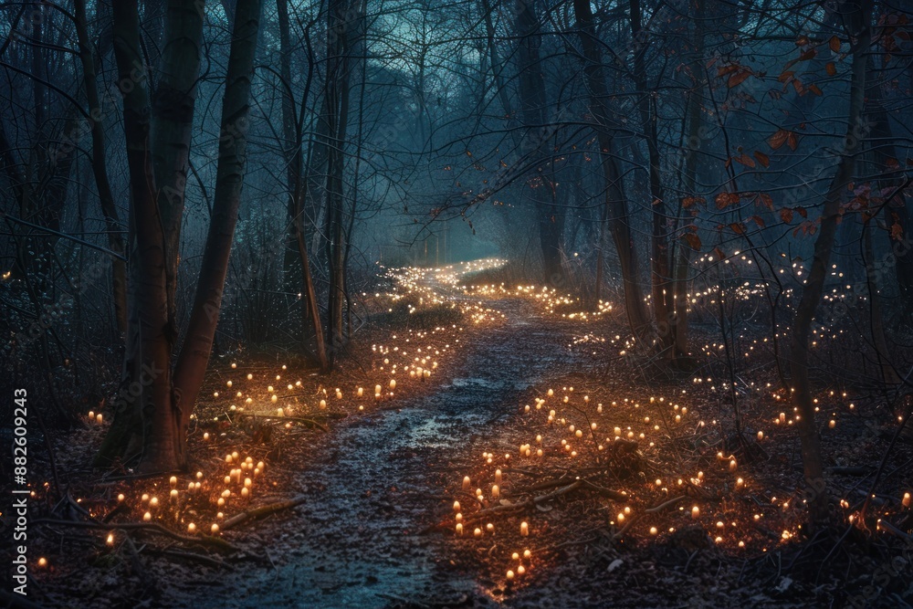 A path in a forest is lit up with candles A path in a forest is lit up with candles