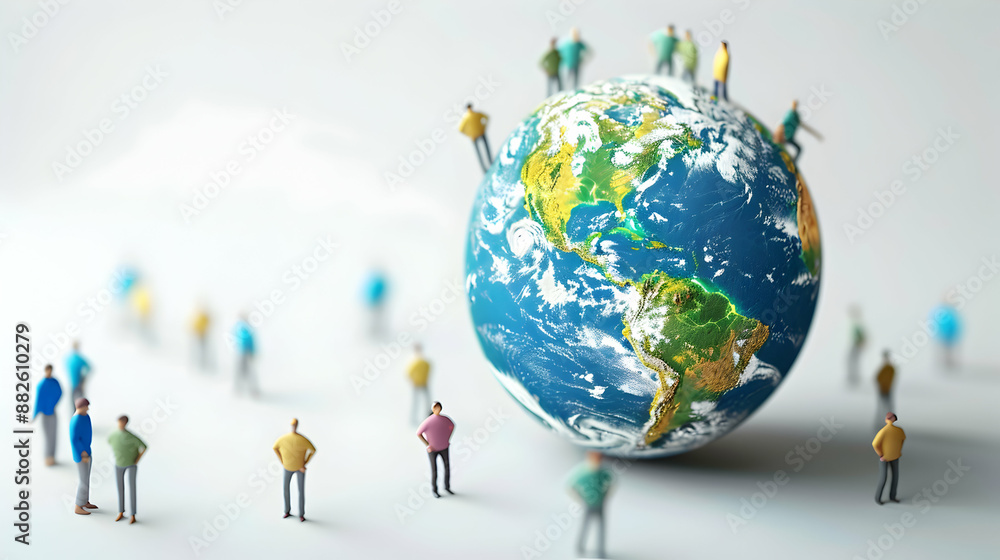 Global Business Strategy Concept: People Discussing Process Flowcharts with Earth Model on Whimsical Background � 3D Flat Icons