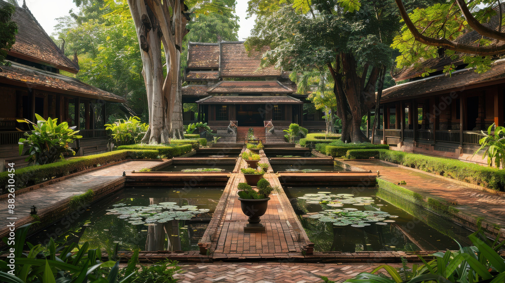 The peaceful courtyard of Wat Ban Den, with its meticulously landscaped gardens and tranquil ponds The peaceful courtyard of Wat Ban Den, with its meticulously landscaped gardens and tranquil ponds