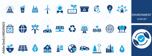 Environment icon set. Containing recycling, plant, nature, eco, earth, green energy, trees, ecology and more. Solid vector icons collection