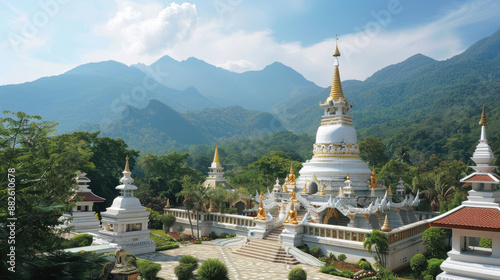 The picturesque Wat Suan Dok, with its white chedis and golden Buddha statues, against a mountainous backdrop photo