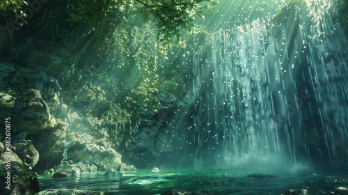 The refreshing feeling of standing under a waterfall, with clear water cascading down and rejuvenating the senses.